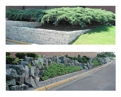 Brick entry planter, rock garden, limestone retaining wall ...